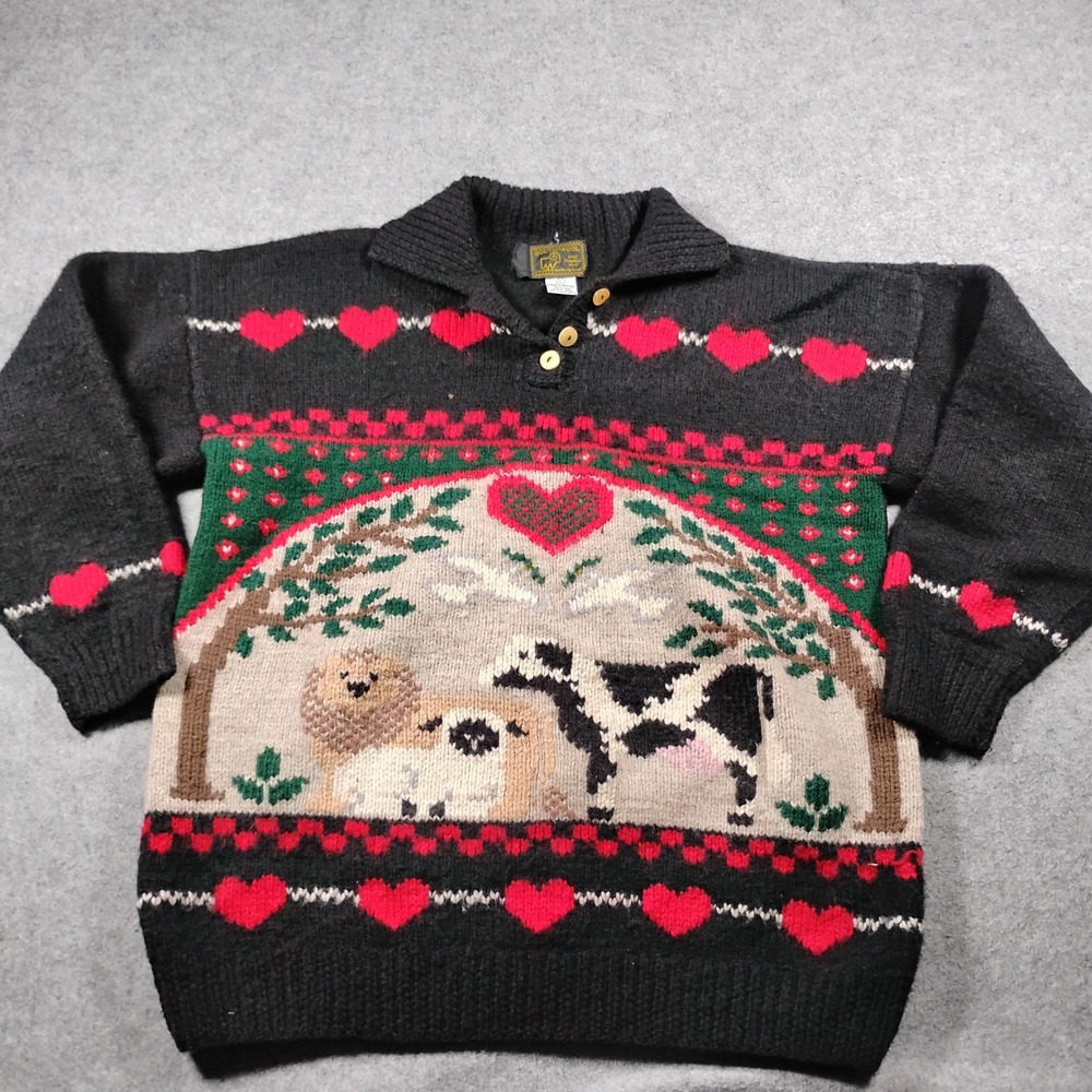 South Wool Hand Knitted Virgin Wool Sweater Vintage Cow Lion Hearts Black Large